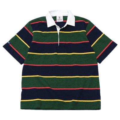 画像1: BARBARIAN（バーバリアン）Light Weight Rugby Collar Shirt S/S（ライトウェイト ラグビーカラーシャツS/S） ”ALTERNATING STRIPES" / Navy×Gold×Bottle×Red（ネイビー×ゴールド×ボトル×レッド）