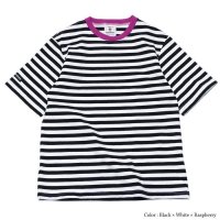 ＜30%OFF＞BARBARIAN（バーバリアン）カジュアルクルーネックシャツショートスリーブ 　”1/2 TWO COLOUR STRIPES” / Black×White+Raspberry（ブラック×ホワイト+ラズベリー）