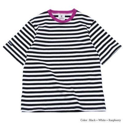 画像1: ＜30%OFF＞BARBARIAN（バーバリアン）カジュアルクルーネックシャツショートスリーブ 　”1/2 TWO COLOUR STRIPES” / Black×White+Raspberry（ブラック×ホワイト+ラズベリー）