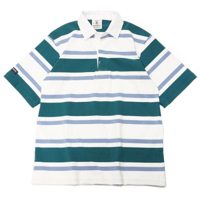 画像1: BARBARIAN（バーバリアン）Light Weight Rugby Collar Shirt S/S（ライトウェイト ラグビーカラーシャツS/S）”3COLOUR STRIPES" / Teal×White×Columbia（ティール×ホワイト×コロンビア）