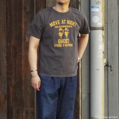 画像4: STUDIO D'ARTISAN（ステュディオ・ダ・ルチザン）USAコットンピグメント加工プリントＴシャツ"MOVE AT NIGHT"/Charcoal Black（チャコールブラック）※XLサイズのみ