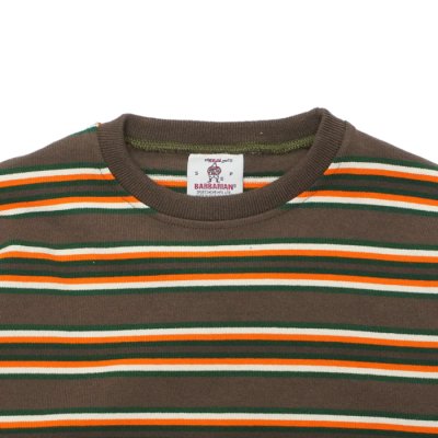 画像3: BARBARIAN(バーバリアン)Heavy Weight Crew Neck Shirt(ヘビーウェイト クルーネックシャツ) "Nine 5crs Stripes Repeat” / Moss×Bottle×Ivory×B,Orange(モスグリーン×ボトルグリーン×トープ×オレンジ)