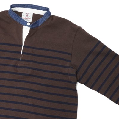 画像4: BARBARIAN(バーバリアン)Heavy Weight Henley Neck Denim Collar Shirt(ヘビーウェイト ヘンリーネックデニムカラーシャツ) ”Basque Stripe” / Brown×Navy+Dark Denim Collar(ブラウン×ネイビー+ダークデニムカラー)