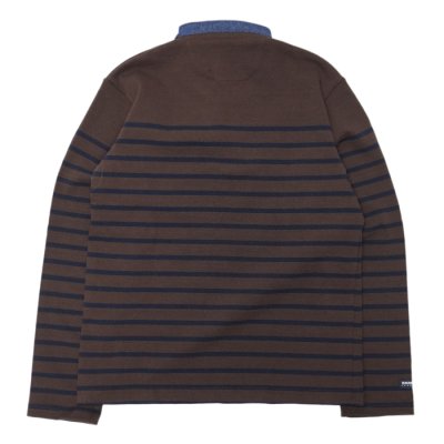 画像2: BARBARIAN（バーバリアン）Heavy Weight Henley Neck Denim Collar Shirt（ヘビーウェイト ヘンリーネックデニムカラーシャツ） ”Basque Stripe” / Brown×Navy+Dark Denim Collar（ブラウン×ネイビー+ダークデニムカラー）