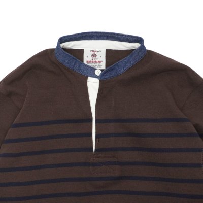 画像3: BARBARIAN(バーバリアン)Heavy Weight Henley Neck Denim Collar Shirt(ヘビーウェイト ヘンリーネックデニムカラーシャツ) ”Basque Stripe” / Brown×Navy+Dark Denim Collar(ブラウン×ネイビー+ダークデニムカラー)