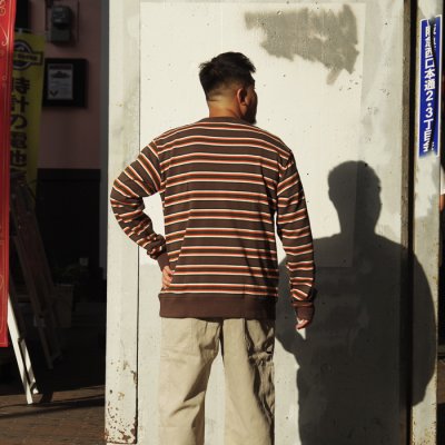 画像9: BARBARIAN(バーバリアン)Heavy Weight Crew Neck Shirt(ヘビーウェイト クルーネックシャツ) "Nine 5crs Stripes Repeat” / Moss×Bottle×Ivory×B,Orange(モスグリーン×ボトルグリーン×トープ×オレンジ)