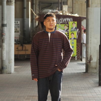画像7: BARBARIAN(バーバリアン)Heavy Weight Henley Neck Denim Collar Shirt(ヘビーウェイト ヘンリーネックデニムカラーシャツ) ”Basque Stripe” / Brown×Navy+Dark Denim Collar(ブラウン×ネイビー+ダークデニムカラー)