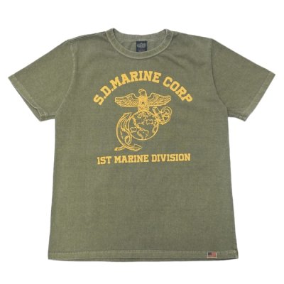画像1: STUDIO D'ARTISAN（ステュディオ・ダ・ルチザン）USAコットンピグメント加工プリントＴシャツ"S.D.MARINE CORP"/Army Green（アーミーグリーン）※Sサイズのみ