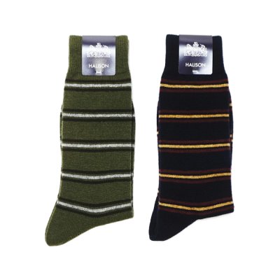 画像1: HALISON（ハリソン）ラムウール レジメンタルボーダーソックス / Navy（ネイビー）・Olive（オリーブ）※3足までメール便発送可