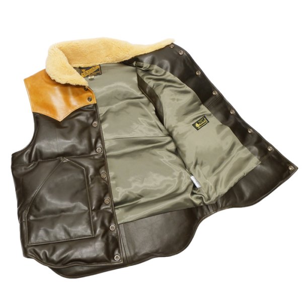 画像9: 【PointUp10%11/10迄】Y'2 LEATHER(ワイツーレザー)OIL SOFT HORSE&MOUTON DOWN VEST(オイルソフトホース&ムートンダウンベスト)/Olive×Camel+Yellow Mouton(オリーブ×キャメル+イエロームートン) (9)