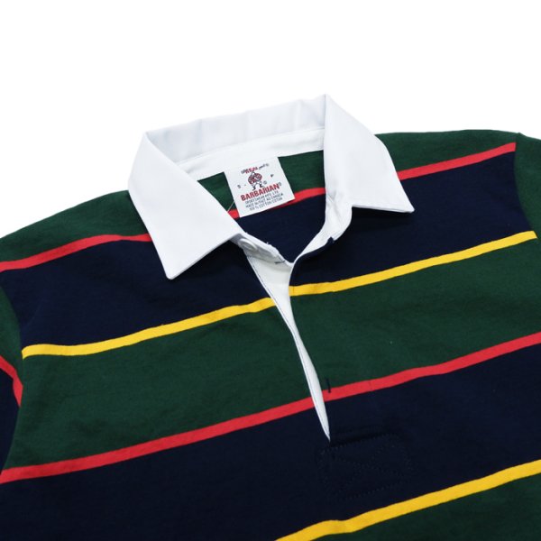 画像3: BARBARIAN（バーバリアン）Light Weight Rugby Collar Shirt S/S（ライトウェイト ラグビーカラーシャツS/S） ”ALTERNATING STRIPES" / Navy×Gold×Bottle×Red（ネイビー×ゴールド×ボトル×レッド） (3)