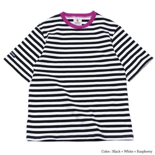 画像1: ＜30%OFF＞BARBARIAN（バーバリアン）カジュアルクルーネックシャツショートスリーブ 　”1/2 TWO COLOUR STRIPES” / Black×White+Raspberry（ブラック×ホワイト+ラズベリー） (1)