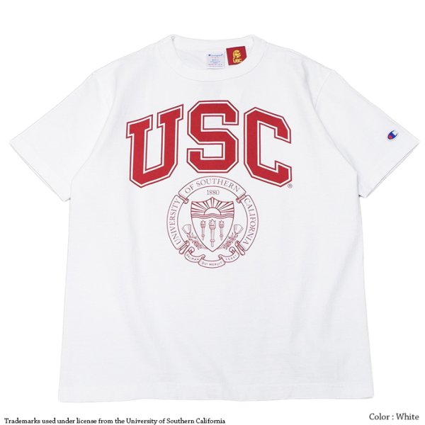 画像1: Champion（チャンピオン）T1011 US Print T-Shirt（ティーテンイレブンUSプリントTシャツ）"USC"/White（ホワイト）Made in USA (1)