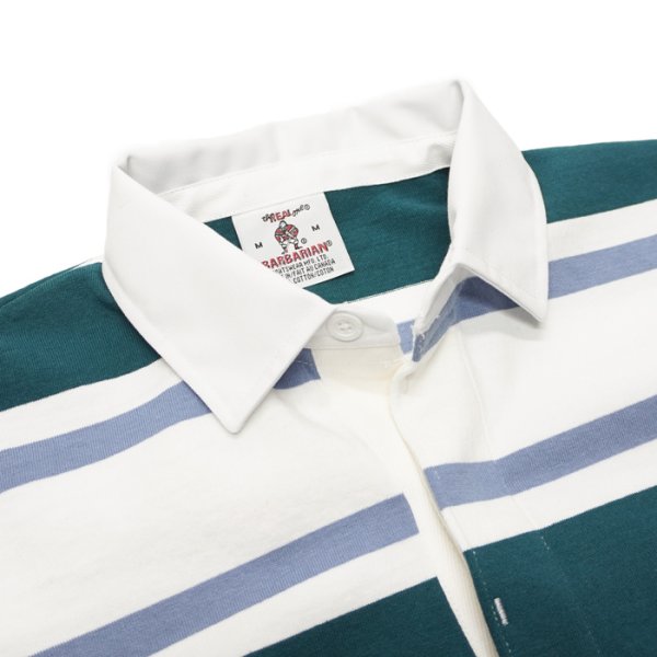 画像3: BARBARIAN(バーバリアン)Light Weight Rugby Collar Shirt S/S(ライトウェイト ラグビーカラーシャツS/S)”3COLOUR STRIPES" / Teal×White×Columbia(ティール×ホワイト×コロンビア) (3)