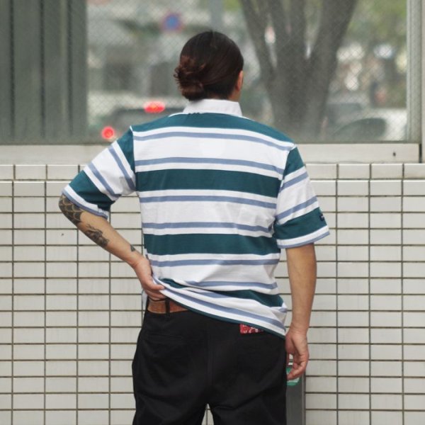 画像9: BARBARIAN(バーバリアン)Light Weight Rugby Collar Shirt S/S(ライトウェイト ラグビーカラーシャツS/S)”3COLOUR STRIPES" / Teal×White×Columbia(ティール×ホワイト×コロンビア) (9)