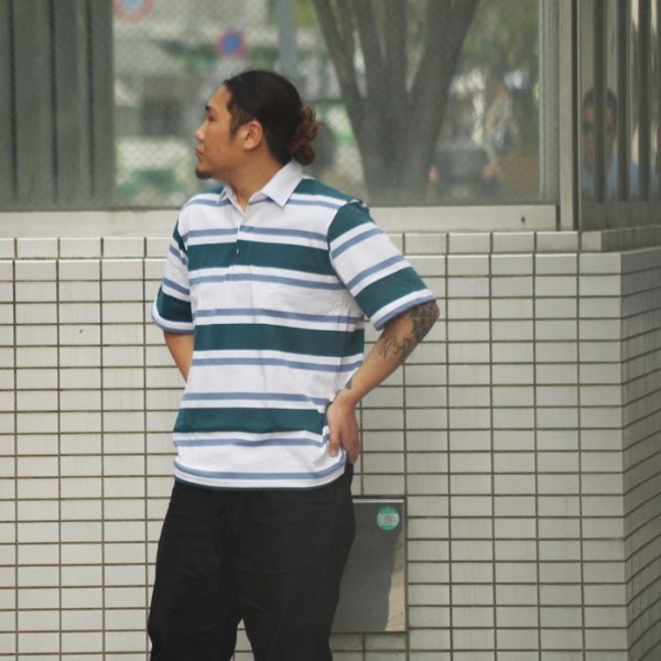 画像8: BARBARIAN(バーバリアン)Light Weight Rugby Collar Shirt S/S(ライトウェイト ラグビーカラーシャツS/S)”3COLOUR STRIPES" / Teal×White×Columbia(ティール×ホワイト×コロンビア) (8)