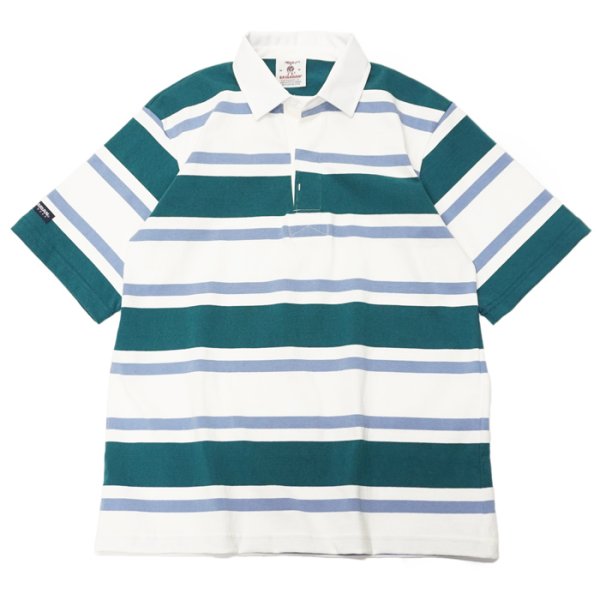画像1: BARBARIAN（バーバリアン）Light Weight Rugby Collar Shirt S/S（ライトウェイト ラグビーカラーシャツS/S）”3COLOUR STRIPES" / Teal×White×Columbia（ティール×ホワイト×コロンビア） (1)