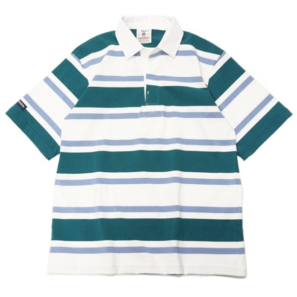 画像1: BARBARIAN（バーバリアン）カジュアルラガーシャツショートスリーブ 8oz-NEW FIT-（3COLOUR STRIPES）/Teal×White×Columbia（ティール×ホワイト×コロンビア） (1)