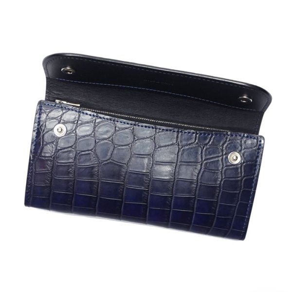 画像4: WILD SWANS(ワイルドスワンズ)WAVE(ウェイブ)ロングウォレット/藍染"クロコダイル"×ブラック"イングリッシュブライドル" (4)