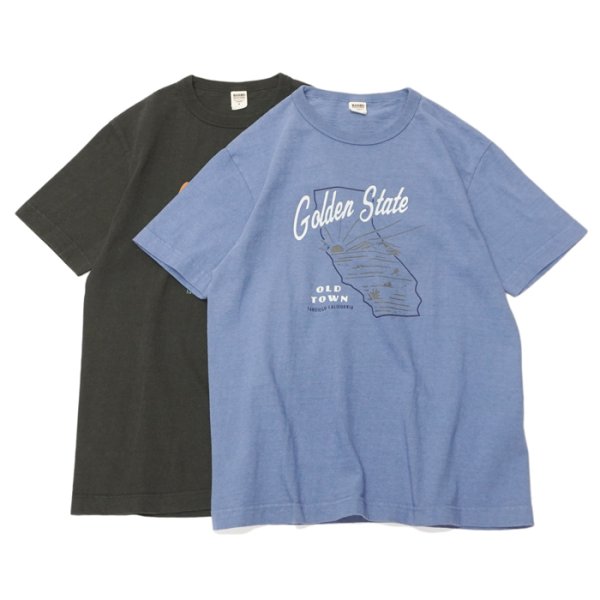 画像1: BARNS OUTFITTERS (バーンズアウトフィッターズ) TSURI-AMI Crew Print T-Shirt (吊り編みクループリントTシャツ)"GOLDEN STATE" / Blue Grey(ブルーグレー)・Black (ブラック) (1)