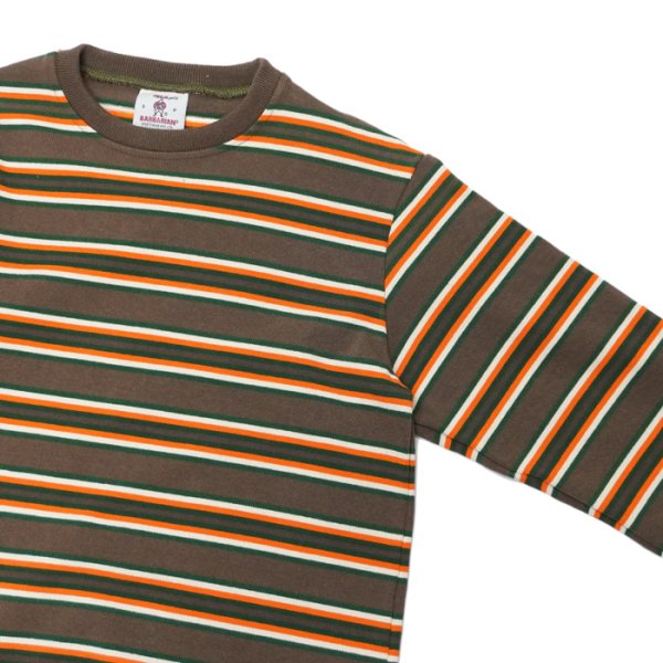 画像4: BARBARIAN(バーバリアン)Heavy Weight Crew Neck Shirt(ヘビーウェイト クルーネックシャツ) "Nine 5crs Stripes Repeat” / Moss×Bottle×Ivory×B,Orange(モスグリーン×ボトルグリーン×トープ×オレンジ) (4)