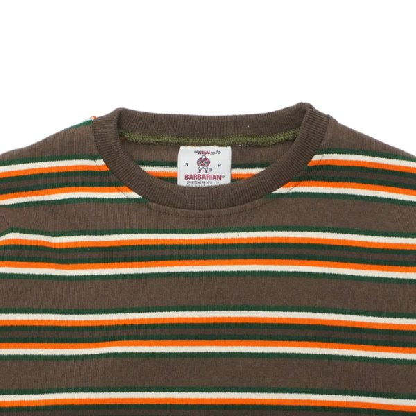 画像3: BARBARIAN(バーバリアン)Heavy Weight Crew Neck Shirt(ヘビーウェイト クルーネックシャツ) "Nine 5crs Stripes Repeat” / Moss×Bottle×Ivory×B,Orange(モスグリーン×ボトルグリーン×トープ×オレンジ) (3)