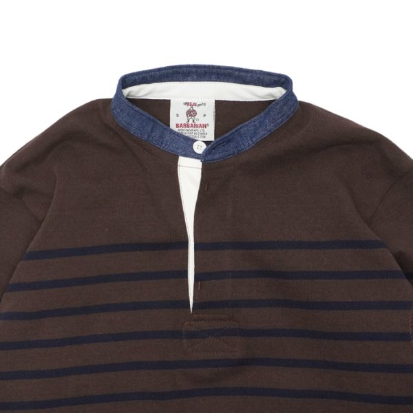 画像3: BARBARIAN(バーバリアン)Heavy Weight Henley Neck Denim Collar Shirt(ヘビーウェイト ヘンリーネックデニムカラーシャツ) ”Basque Stripe” / Brown×Navy+Dark Denim Collar(ブラウン×ネイビー+ダークデニムカラー) (3)