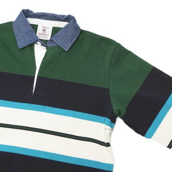 画像4: BARBARIAN(バーバリアン)Heavy Weight Denim Rugby Collar Shirt(ヘビーウェイト デニムラグビーカラーシャツ) ”Bold Mountaineer” / Bottle×Navy×Cyan×Ivory With Dark Denim Collar(ボトルグリーン×ネイビー×シアン×アイボリー+ダークデニムカラー) (4)
