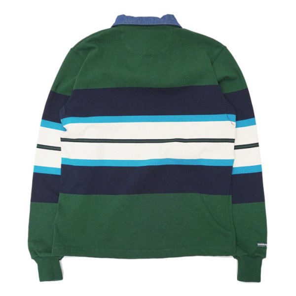 画像2: BARBARIAN(バーバリアン)Heavy Weight Denim Rugby Collar Shirt(ヘビーウェイト デニムラグビーカラーシャツ) ”Bold Mountaineer” / Bottle×Navy×Cyan×Ivory With Dark Denim Collar(ボトルグリーン×ネイビー×シアン×アイボリー+ダークデニムカラー) (2)
