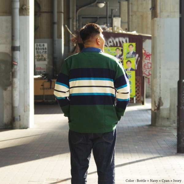 画像11: BARBARIAN(バーバリアン)Heavy Weight Denim Rugby Collar Shirt(ヘビーウェイト デニムラグビーカラーシャツ) ”Bold Mountaineer” / Columbia×Purple×Teal×Black With Dark Denim Collar(コロンビア×パープル×ティール×ブラック+ダークデニムカラー) (11)