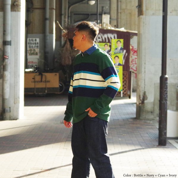 画像9: BARBARIAN(バーバリアン)Heavy Weight Denim Rugby Collar Shirt(ヘビーウェイト デニムラグビーカラーシャツ) ”Bold Mountaineer” / Columbia×Purple×Teal×Black With Dark Denim Collar(コロンビア×パープル×ティール×ブラック+ダークデニムカラー) (9)