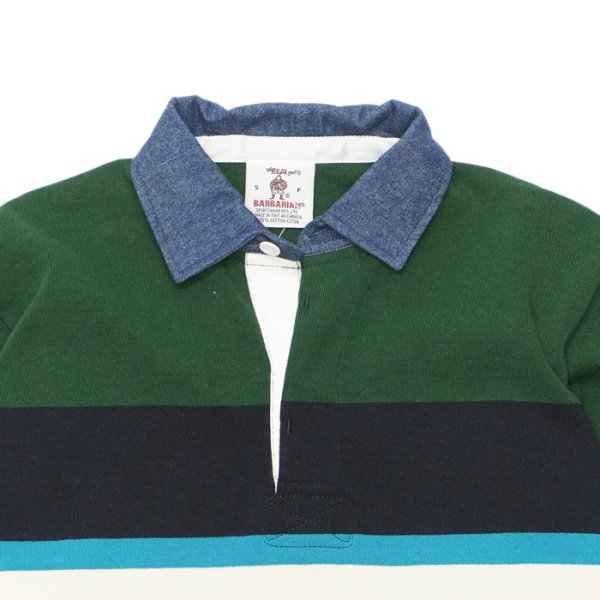 画像3: BARBARIAN(バーバリアン)Heavy Weight Denim Rugby Collar Shirt(ヘビーウェイト デニムラグビーカラーシャツ) ”Bold Mountaineer” / Bottle×Navy×Cyan×Ivory With Dark Denim Collar(ボトルグリーン×ネイビー×シアン×アイボリー+ダークデニムカラー) (3)