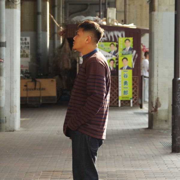 画像8: BARBARIAN(バーバリアン)Heavy Weight Henley Neck Denim Collar Shirt(ヘビーウェイト ヘンリーネックデニムカラーシャツ) ”Basque Stripe” / Brown×Navy+Dark Denim Collar(ブラウン×ネイビー+ダークデニムカラー) (8)