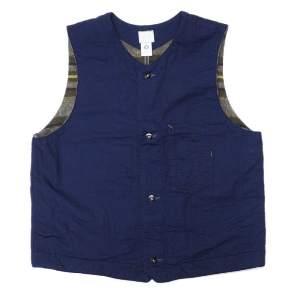 画像1: Post O'Alls（ポストオーバーオールズ）1 Pocket Vest（1ポケットベスト）"Vintage twill w/trashed wool lining indigo w / stripe lining" / Indigo（インディゴ） (1)