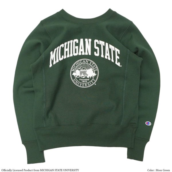 画像1: Champion（チャンピオン）”24AW” REVERSE WEAVE CREWNECK SWEATSHIRT（リバースウィーブクルーネックスウェットシャツ）-College Print- "MICHIGAN STATE"/Moss Green（モスグリーン） (1)