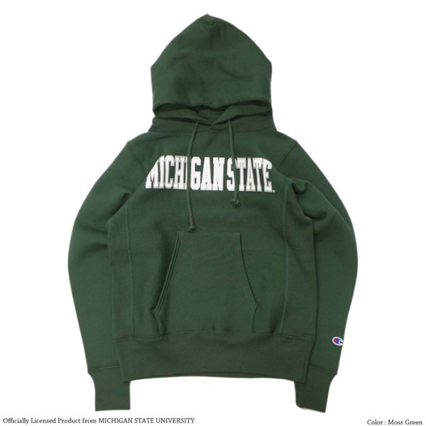 画像1: Champion（チャンピオン）”New” REVERSE WEAVE PULLOVER HOODED SWEATSHIRT（リバースウィーブプルオーバーフーデットスウェットシャツ）"MICHIGAN STATE・Made in USA" / Moss Green（モスグリーン） (1)