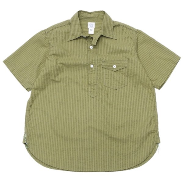 画像1: Post O'Alls（ポストオーバーオールズ）NAVY CUT SS（ネイビーカットSS）Seersucker / Olive（オリーブ） (1)