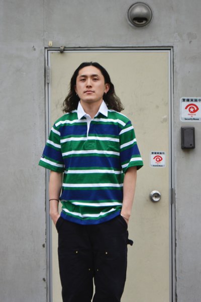 画像7: BARBARIAN(バーバリアン)Light Weight Rugby Collar Shirt S/S(ライトウェイト ラグビーカラーシャツS/S) ”Bold Soho Stripes" / Pine×White×Dark Ocean(ペイン×ホワイト×ダークオーシャン)  (7)