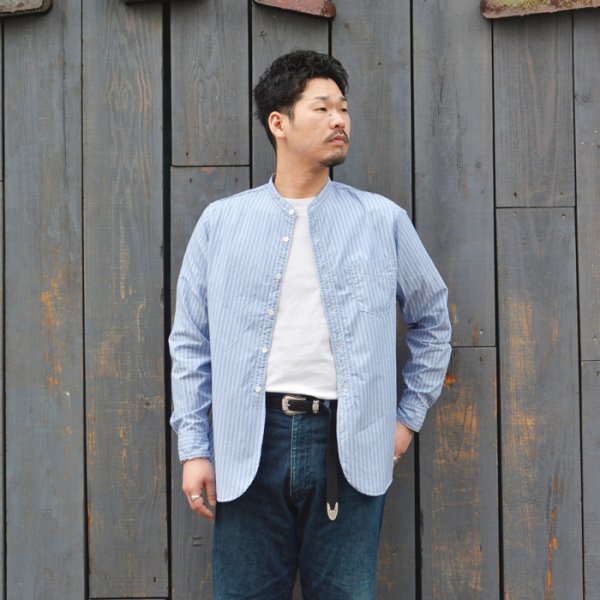 画像7: F.O.B FACTORY（エフオービーファクトリー）BAND COLLAR SHIRT（バンドカラーシャツ）"STRIPE" / Blue（ブルー） (7)
