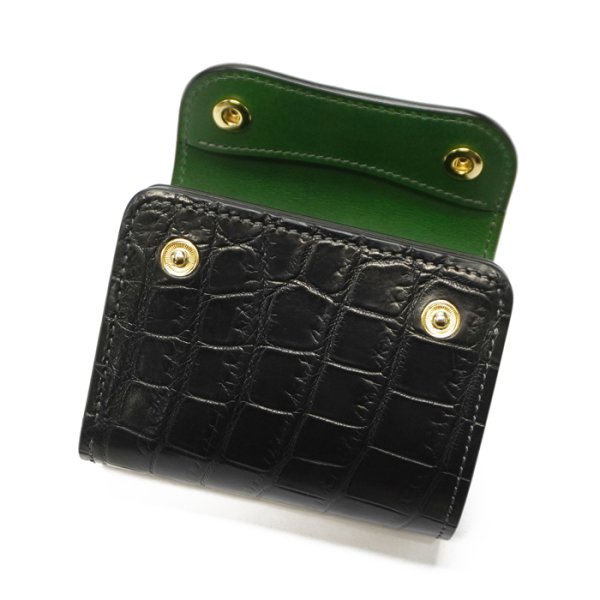 画像3: WILD SWANS（ワイルドスワンズ）ENO（イーノ）ミニ3つ折りウォレット/ブラック"クロコダイル"×グリーン"ブッテーロ" (3)