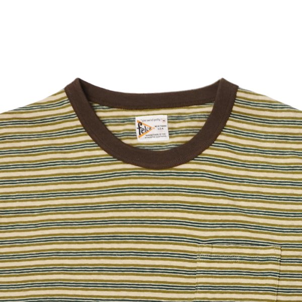 画像3: felco（フェルコ） S/S Crew Pocket Tee（S/SクルーポケットTシャツ）”OLD PAPER STRIPE" / Green Beige×Olive Stripe（グリーンベージュ×オリーブストライプ） (3)