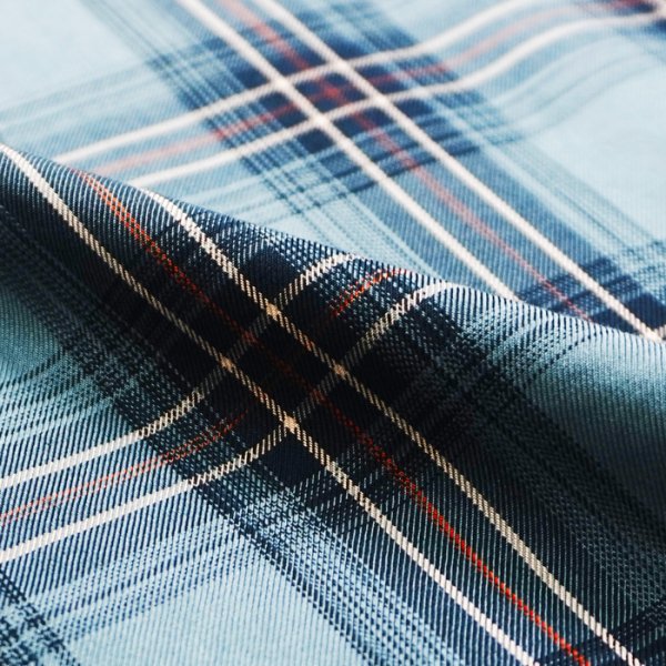 画像6: Nigel Cabourn（ナイジェル・ケーボン）OPEN COLLAR SHIRT（オープンカラーシャツ）"RAYON CHECK / BLUE（ブルー） (6)