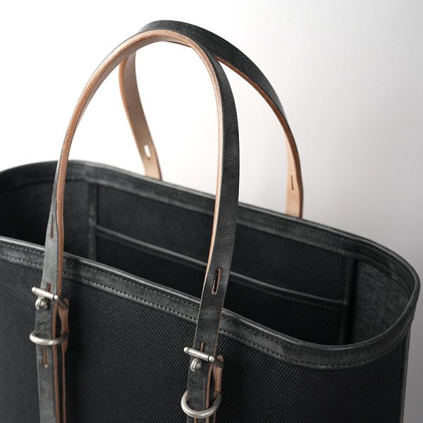 画像2: WILD SWANS（ワイルドスワンズ）UP-RIGHT（アップライト）トートバッグ"綿麻ヘビーツイル×フルグレインブライドルレザー"/Black（ブラック） (2)