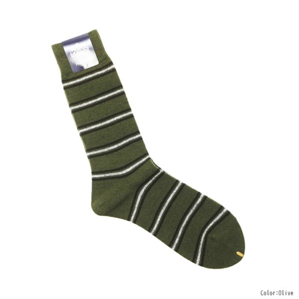 画像2: HALISON（ハリソン）ラムウール レジメンタルボーダーソックス / Navy（ネイビー）・Olive（オリーブ）※3足までメール便発送可 (2)