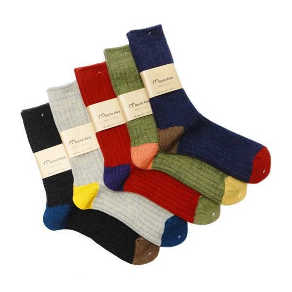 画像1: Mauna Kea（マウナケア）カラーブロックウールリブソックス / 5Colors（全5色展開）※3足までメール便発送可 (1)